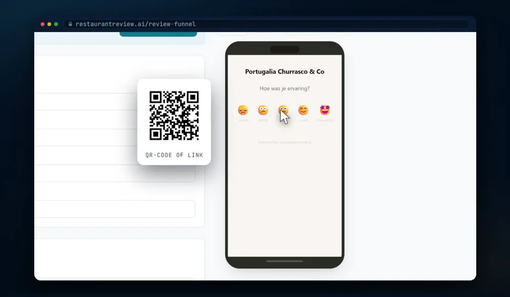 Het scherm dat de gast na een bezoek ziet, met vijf smileys, naast de QR-code van Portugalia