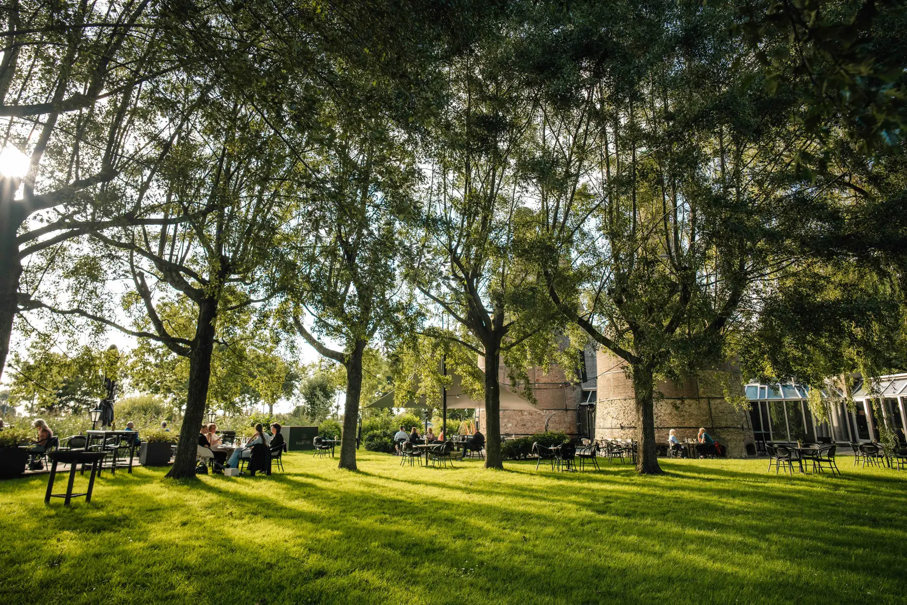 Het terras van Villa Kalkoven in Meppel onder de bomen, met gasten in de avondzon