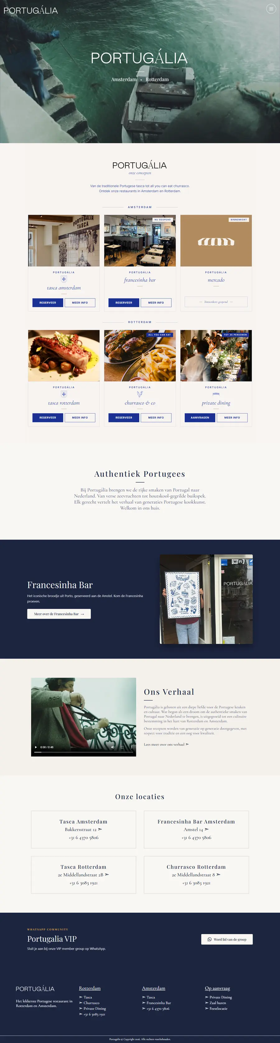 De homepage van Portugalia, van de opening tot de locaties